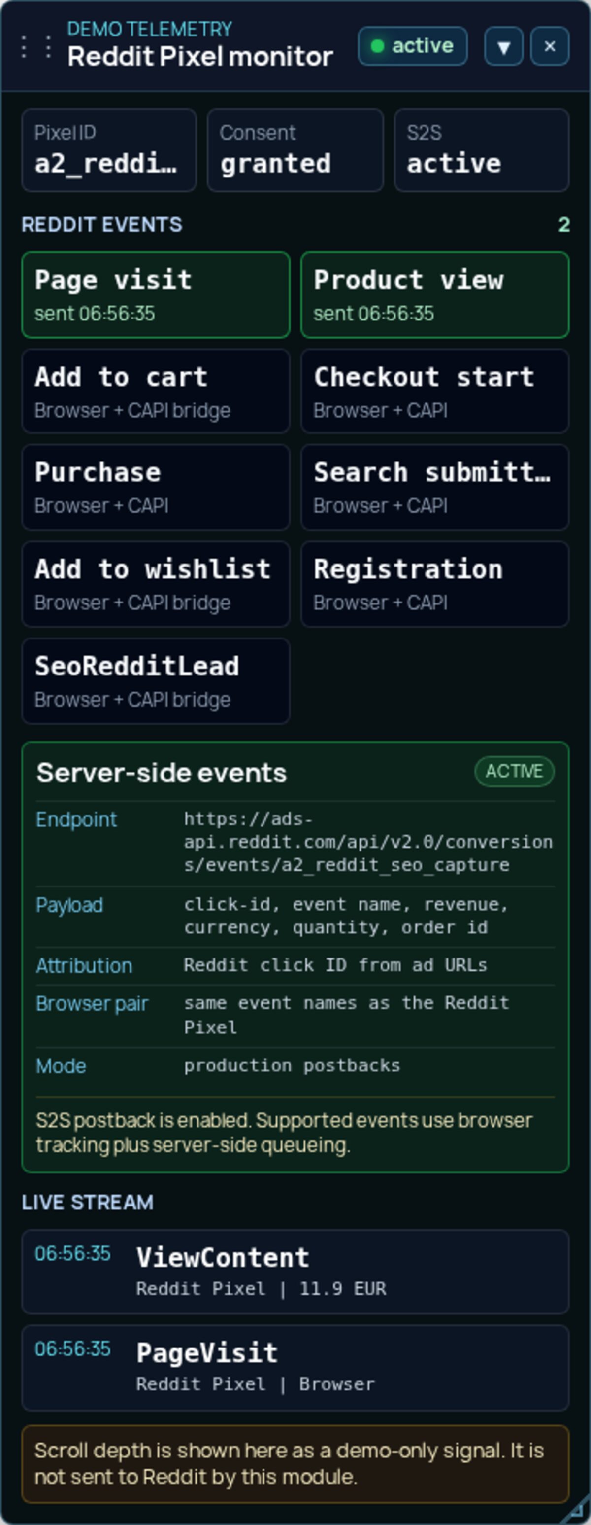 Storefront Reddit Pixel monitor listing the fired events with the consent state, the server-side endpoint and the live event stream