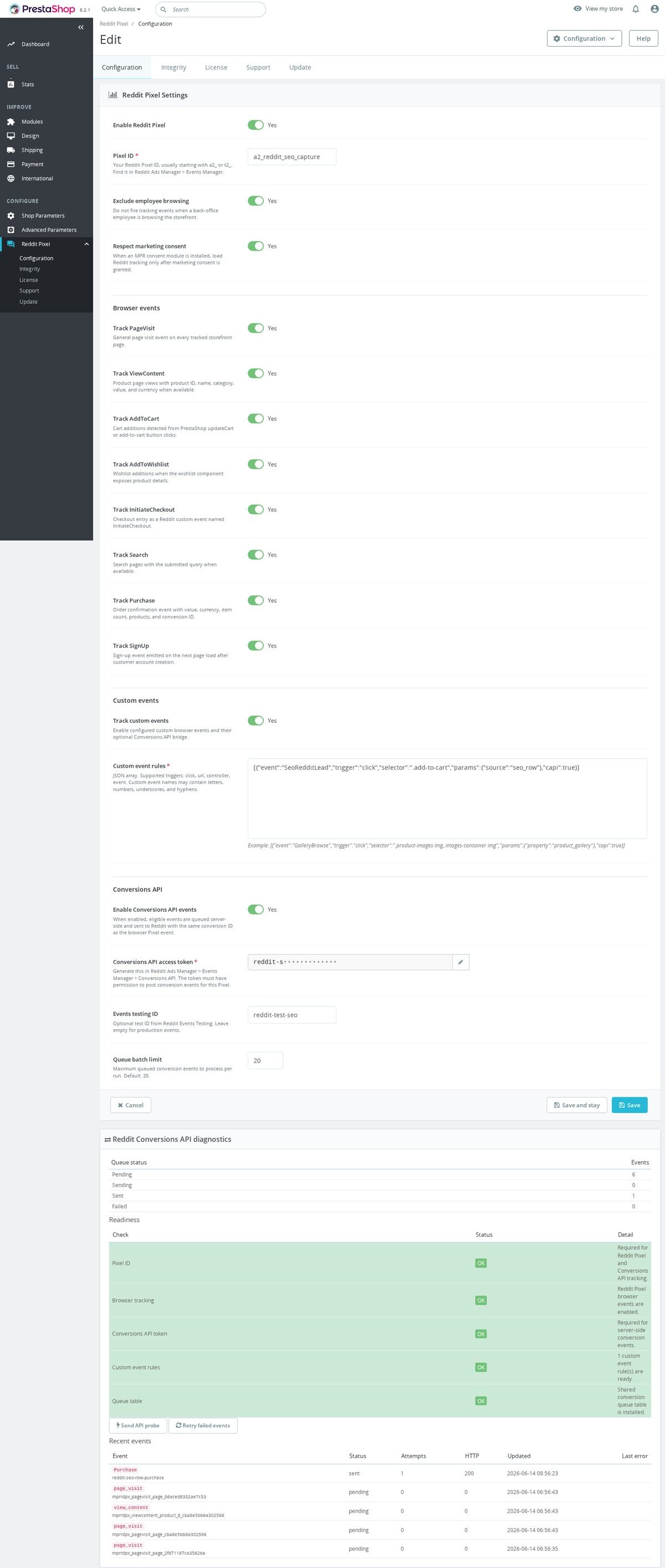 Complete Reddit Pixel settings page with the Pixel ID, event switches, custom event rules, Conversions API token and the diagnostics readiness table