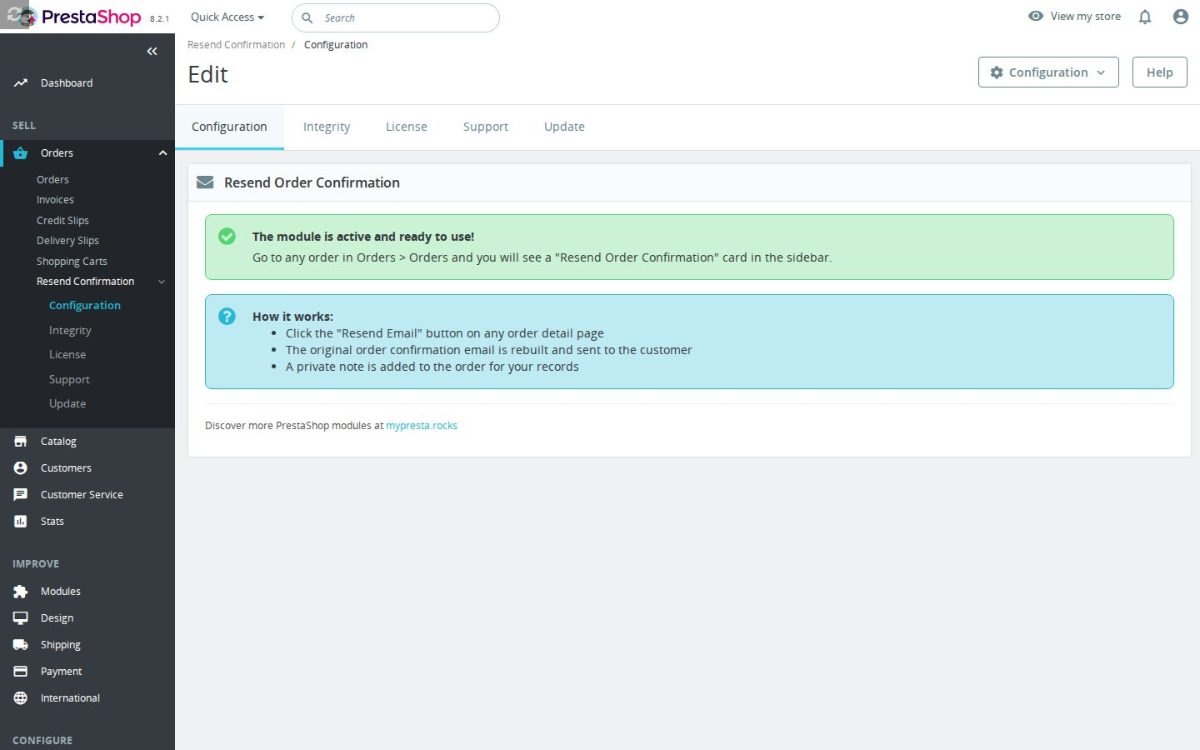 La pantalla de configuración de Resend Order Confirmation en el back office de PrestaShop