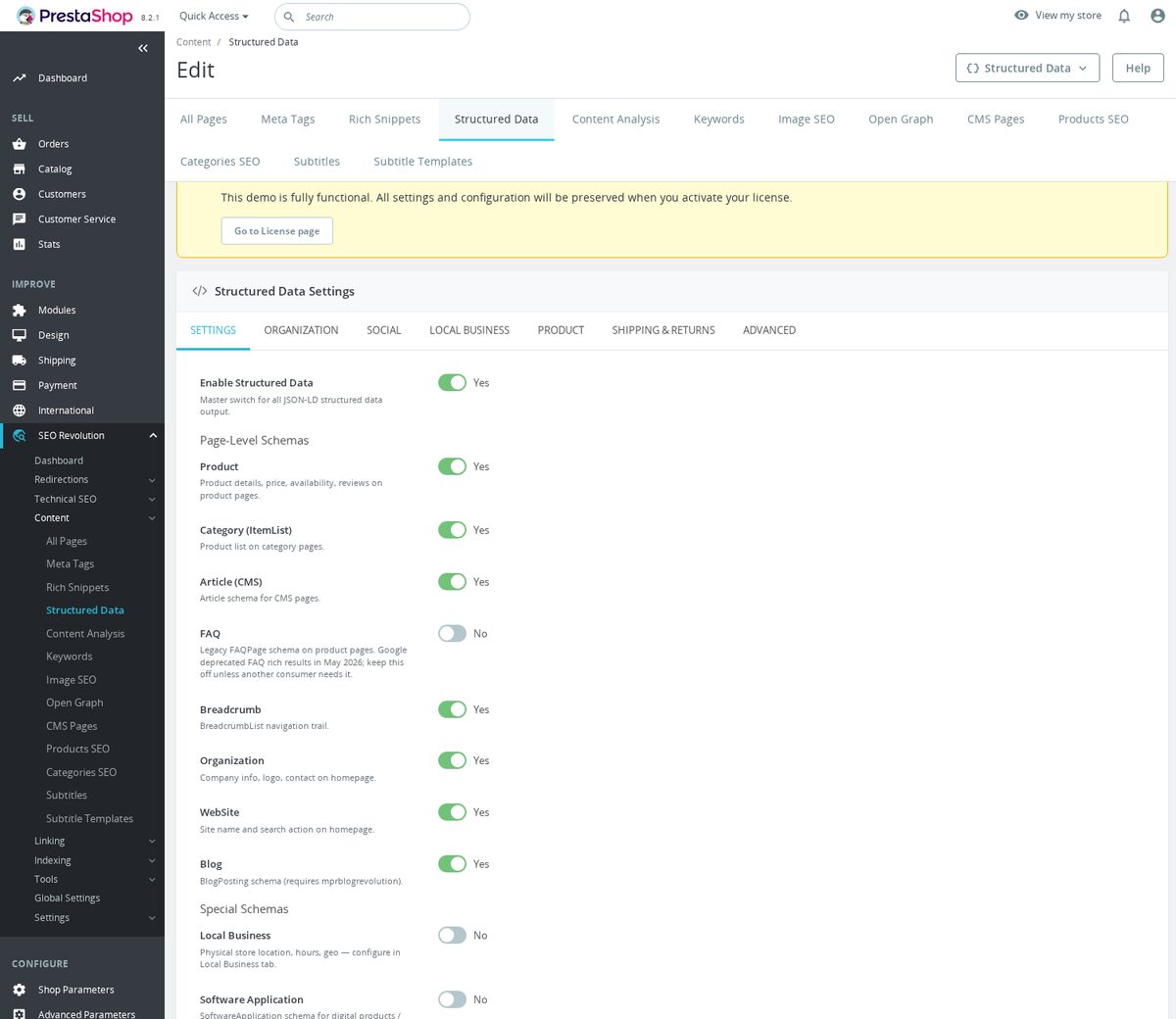 Kompleksowy moduł SEO dla PrestaShop - dane strukturalne w panelu administracyjnym
