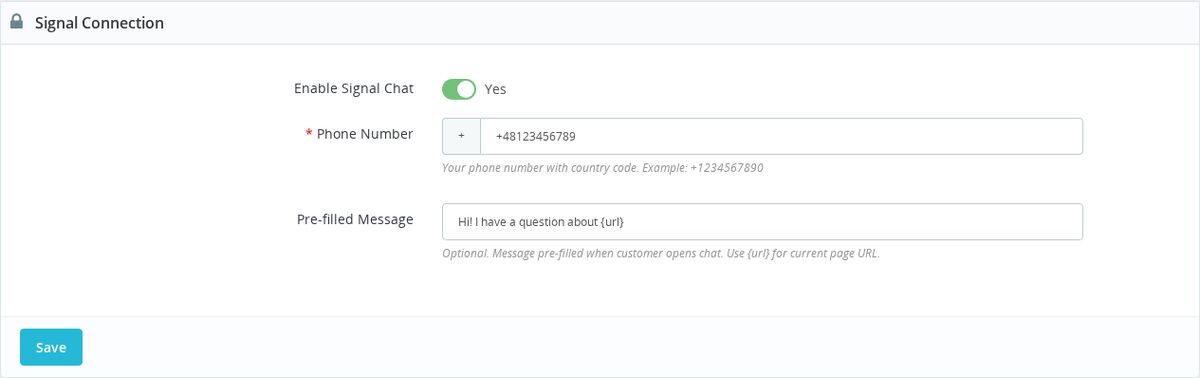 Panel de conexión de Signal con el chat activado, un número guardado y un mensaje inicial que usa el marcador de la URL de la página