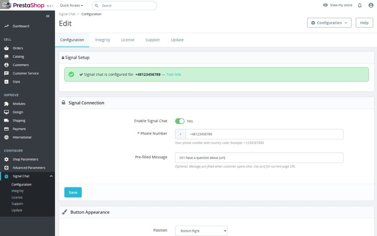 La pantalla de configuración de Signal Chat Integration en el back office de PrestaShop