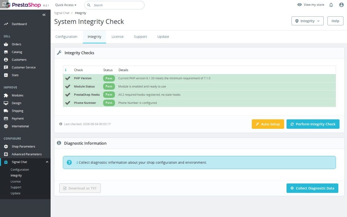 La vérification d'installation de Signal Chat Integration