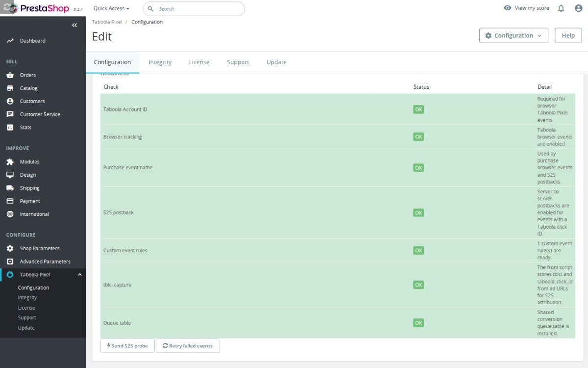 La schermata di configurazione di Taboola Pixel + S2S Postback nel back office PrestaShop