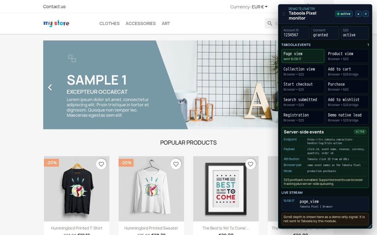Taboola Pixel + S2S Postback sulla home page del negozio