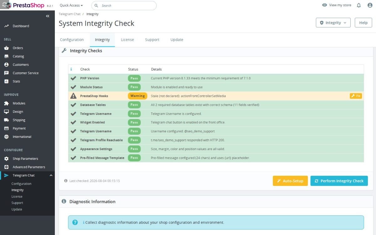 La vérification d'installation de Telegram Chat Integration