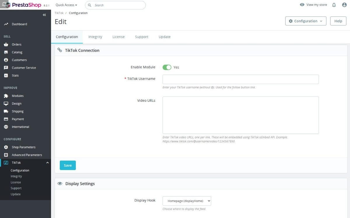 La pantalla de configuración de TikTok Feed Integration
