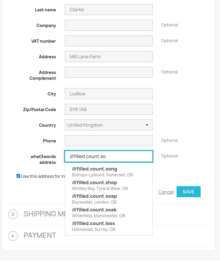 Checkout address step with what3words suggestions open under the field