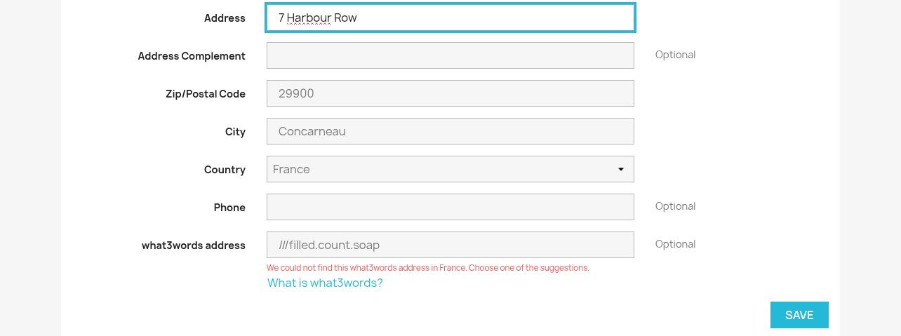 The what3words field flagging words that do not exist in the address country