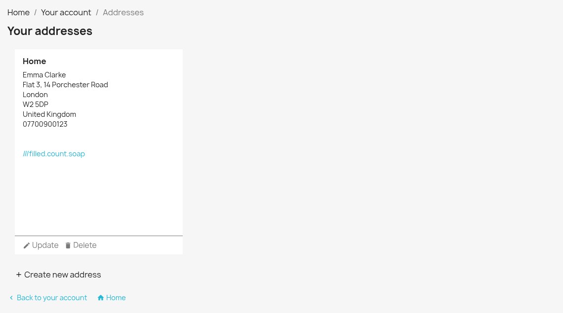 Customer address book showing the what3words address of a saved address