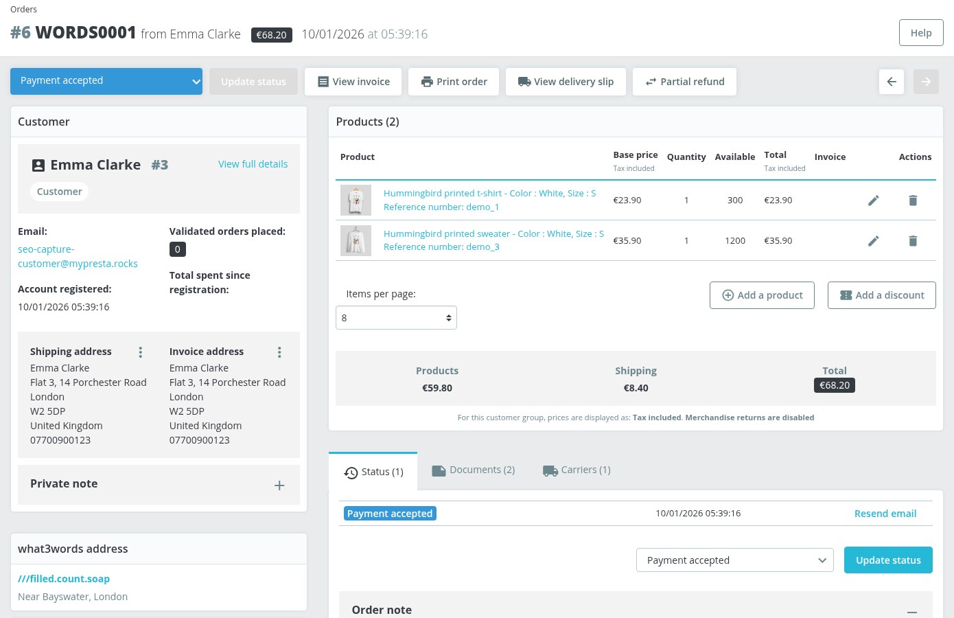 Back office order page with the what3words address next to the customer details