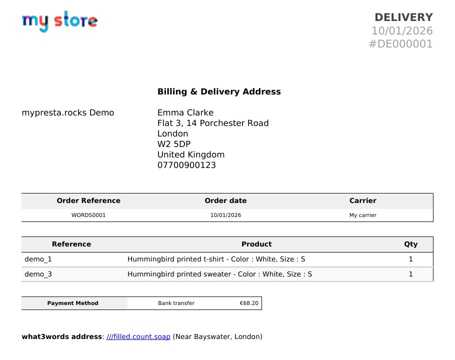 Delivery slip with the what3words address under the delivery address