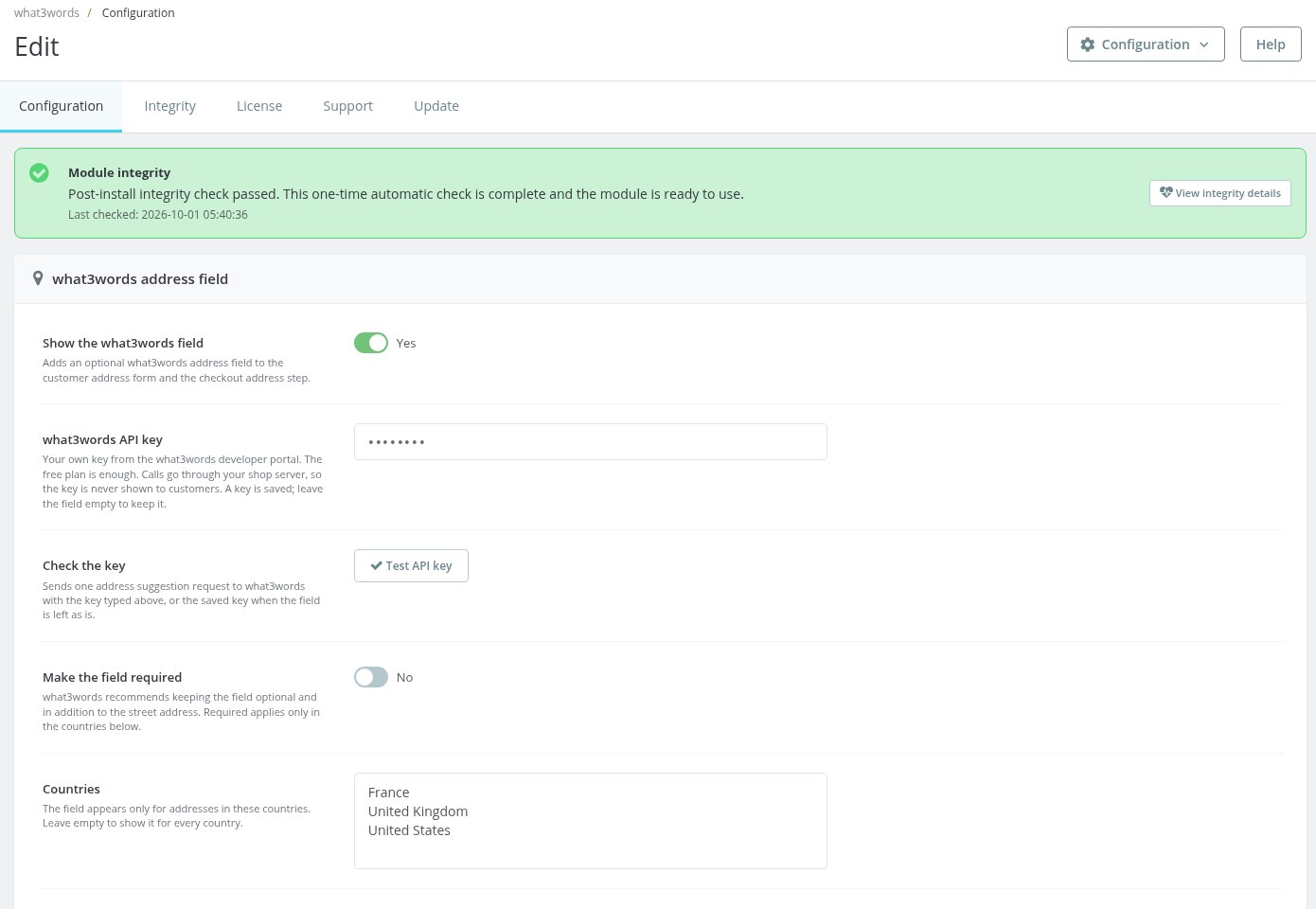 Module settings with the masked what3words key, the key check and the countries list