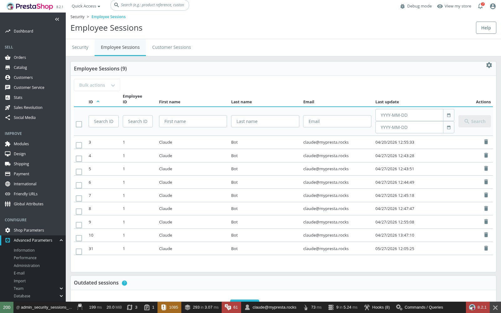 PrestaShop 8 Employee Sessions page showing active admin sessions with timestamps and employee details
