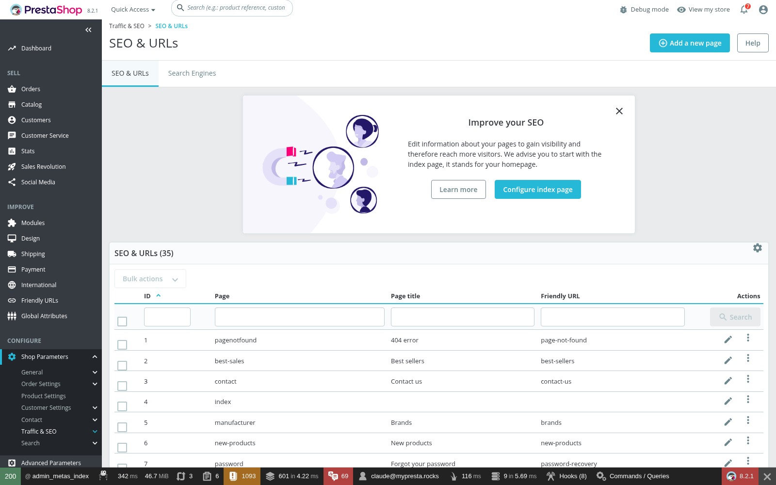 PrestaShop 8 Back Office SEO and URLs page showing friendly URL toggle and route schema configuration