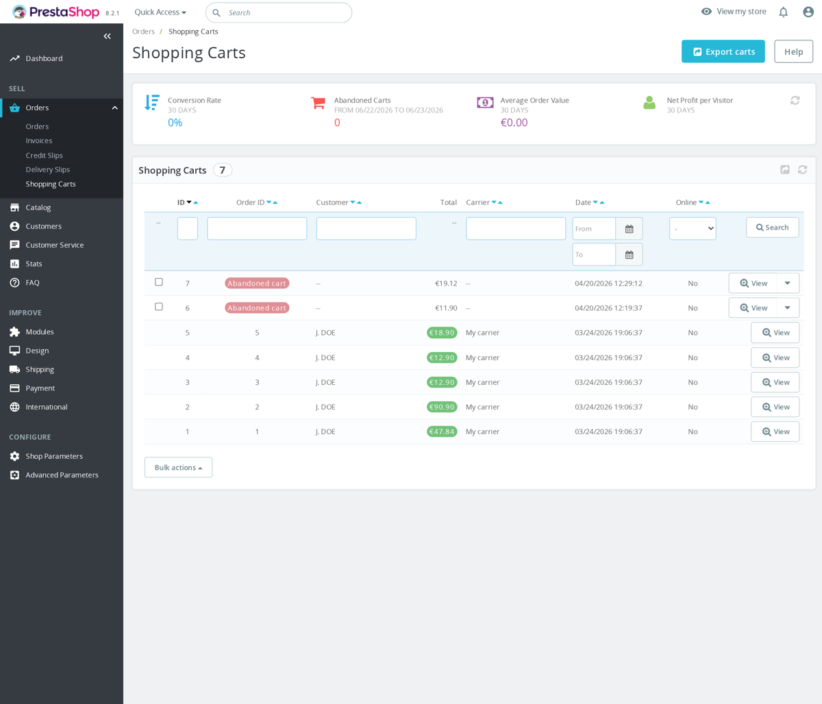 Back office de PrestaShop, Orders > Shopping Carts, lista de carritos con menú de administración izquierdo y breadcrumb.