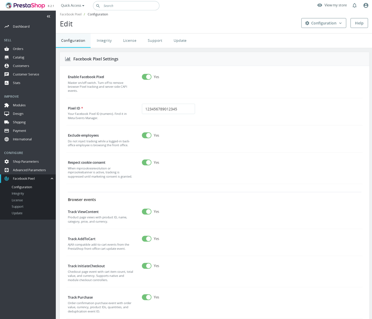 PrestaShop back office, Meta Pixel module configuration page with custom event settings.