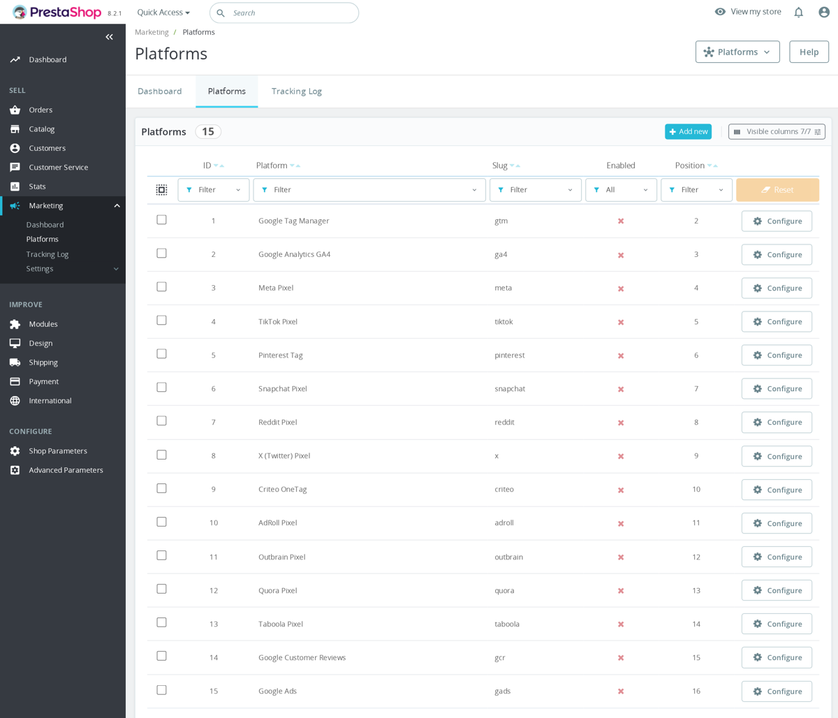 Liste Marketing Revolution Platforms avec boutons GTM et GA4