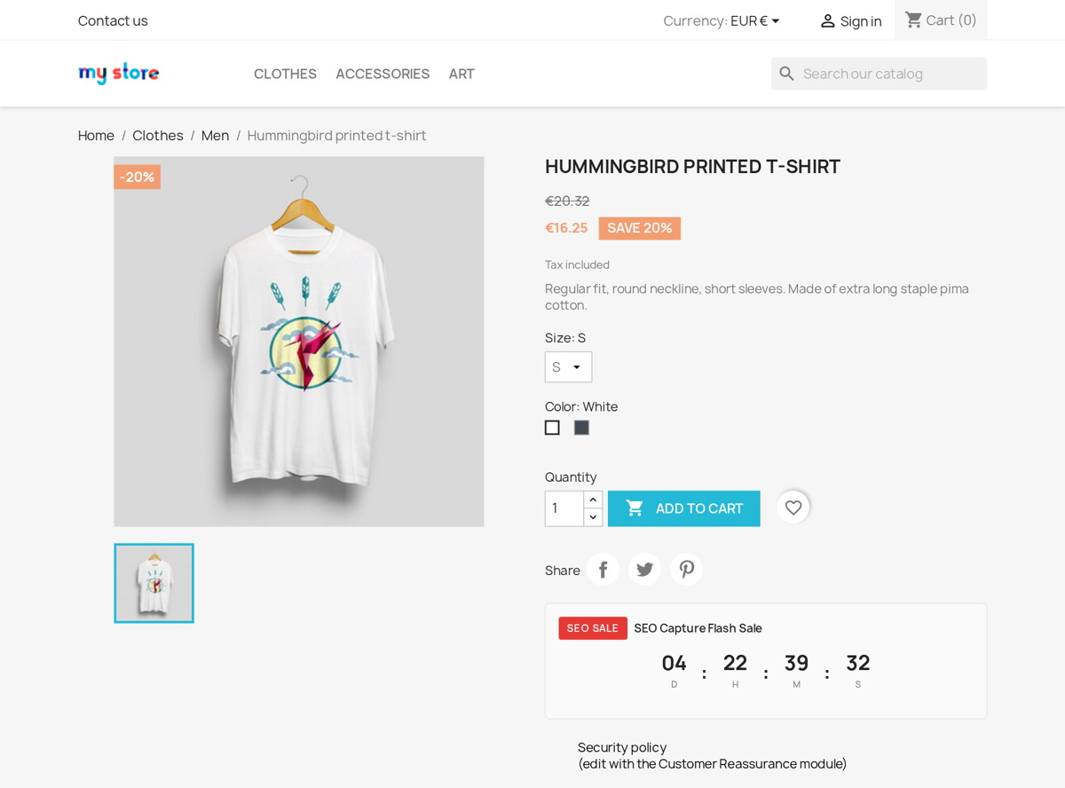 Página de producto del storefront de PrestaShop con temporizador de cuenta atrás de Dynamic Scheduled Discounts, insignia de oferta y ahorro