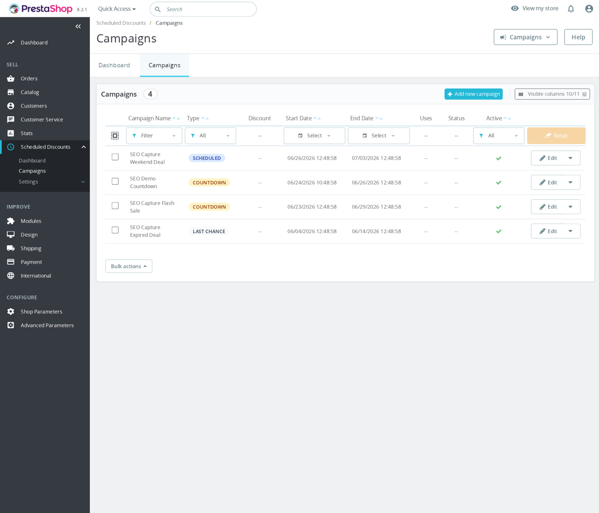 Back office de PrestaShop, configuración de Dynamic Scheduled Discounts con ajustes de programación.