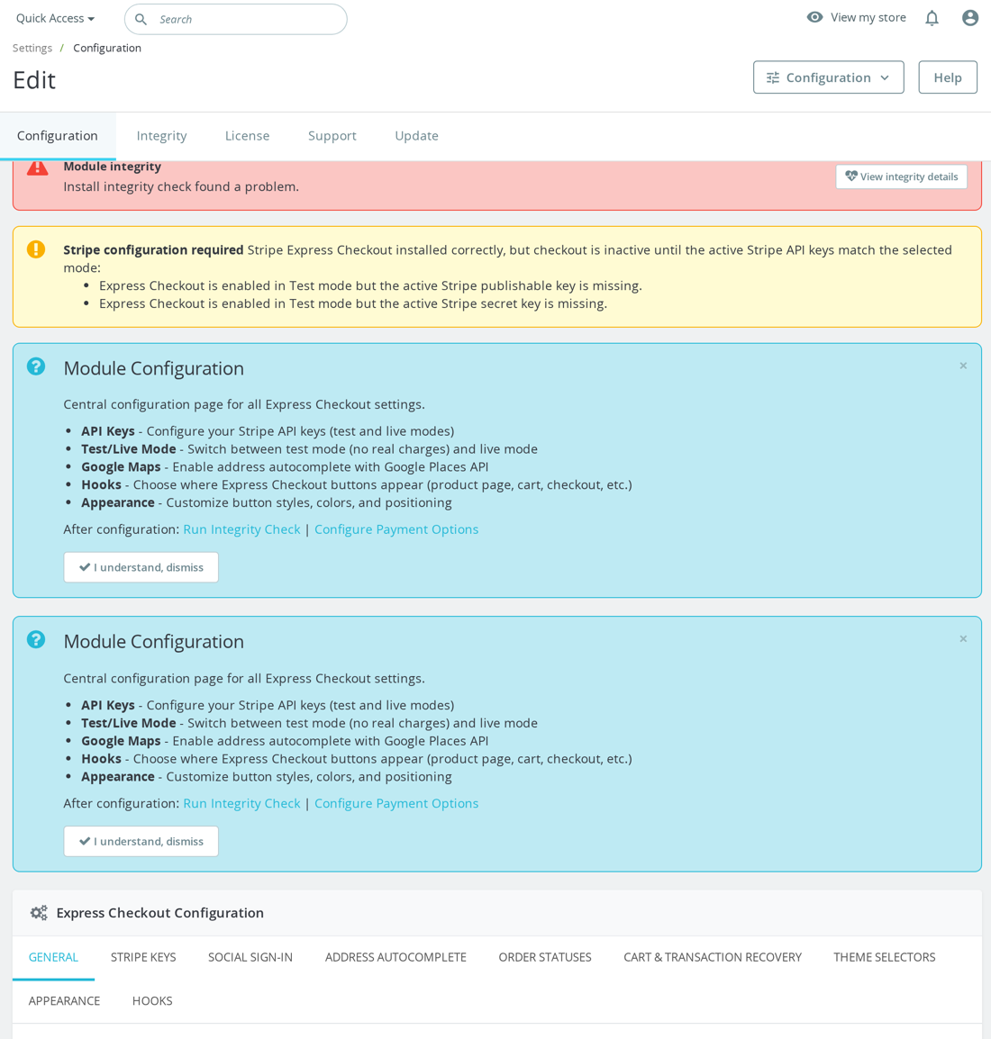 Ajustes de Express Checkout para claves de Stripe y ubicación del botón