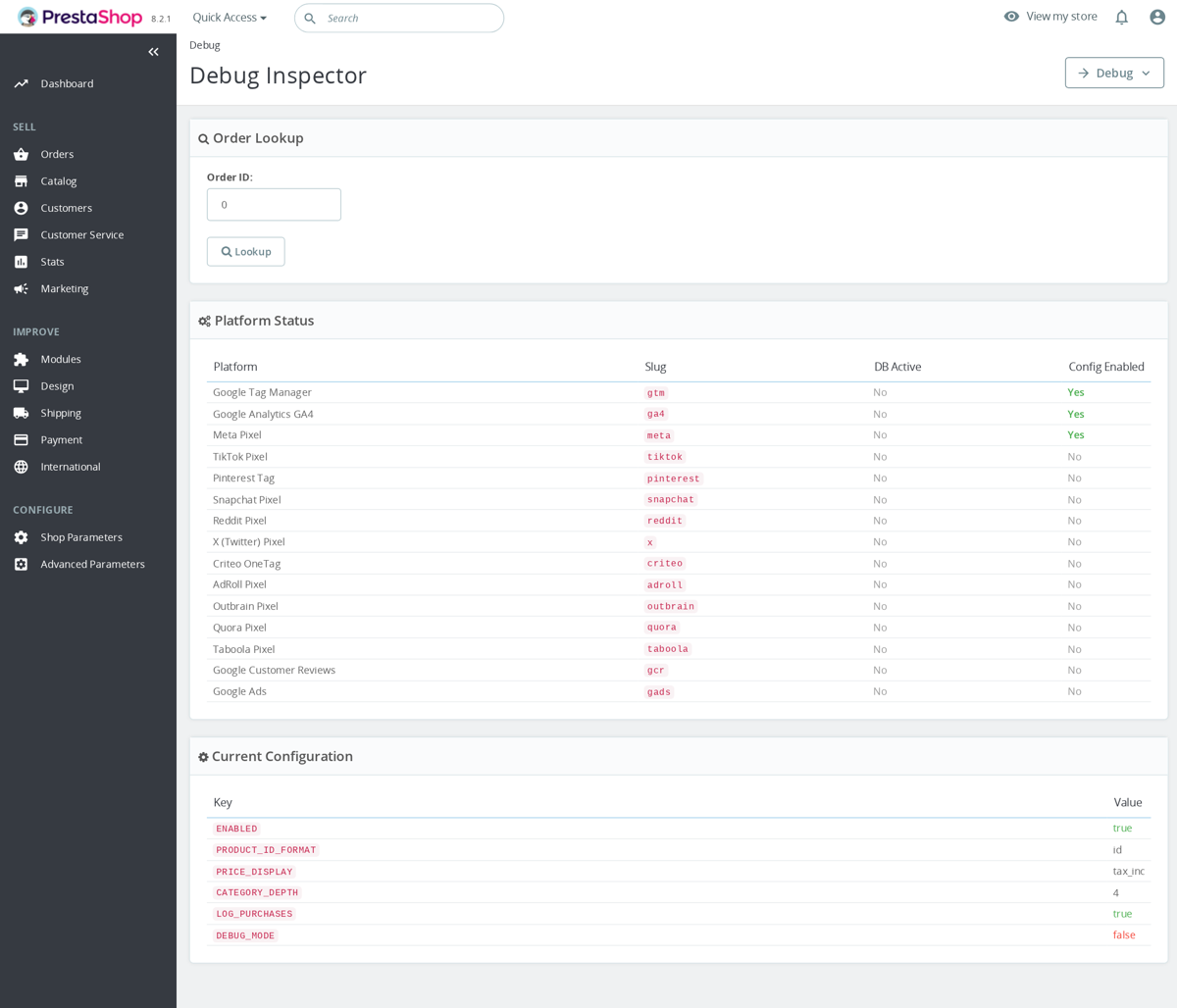 Inspecteur Debug de Marketing Revolution dans le back office PrestaShop affichant les payloads suivis des commandes et événements