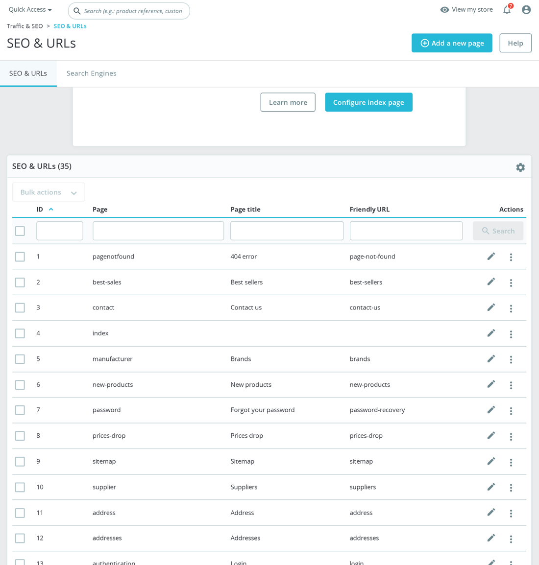 Shop Parameters > SEO & URLs, Set up URLs and .htaccess