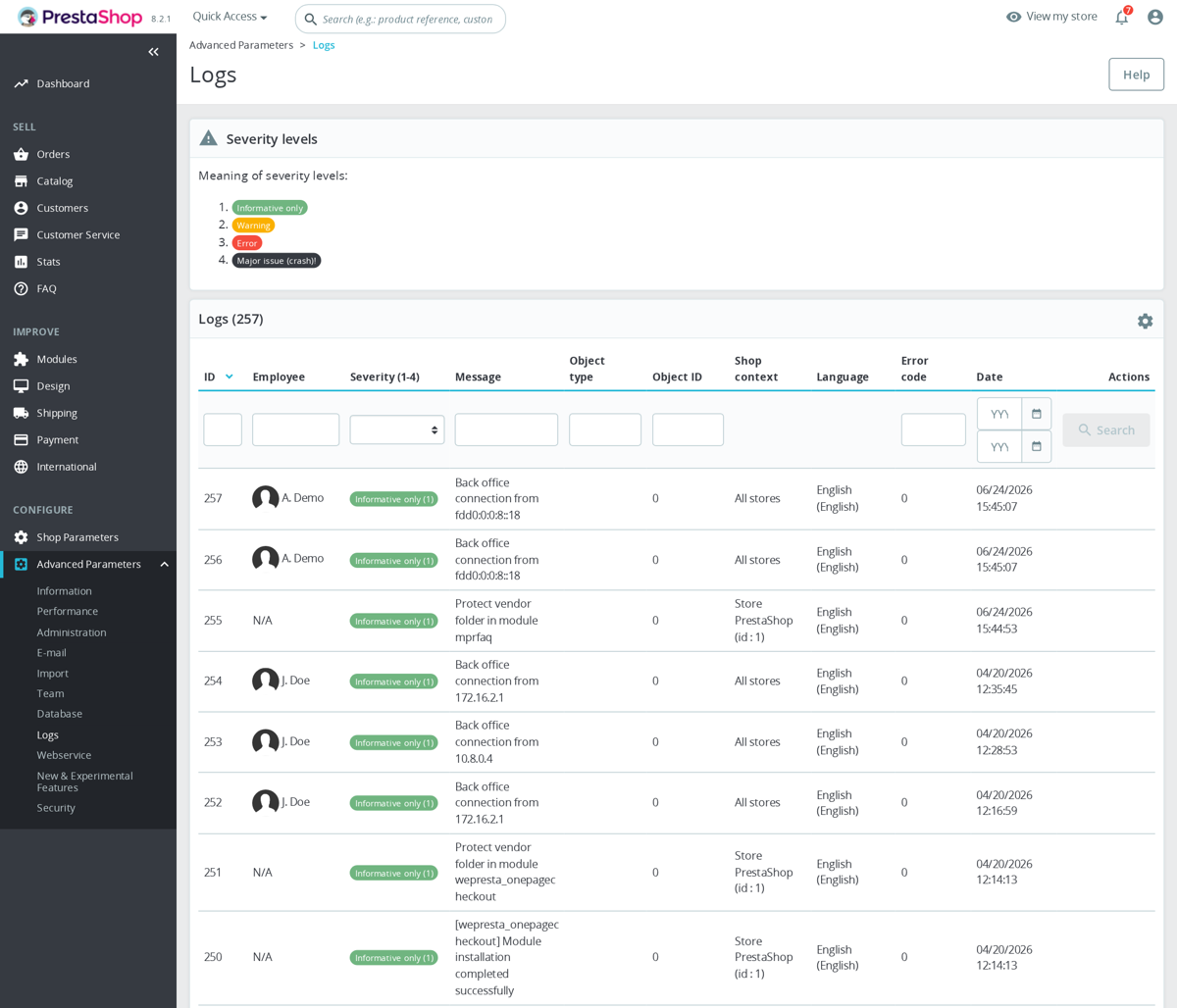 Advanced Parameters > Logs mit dem Back-Office-Fehlerprotokoll