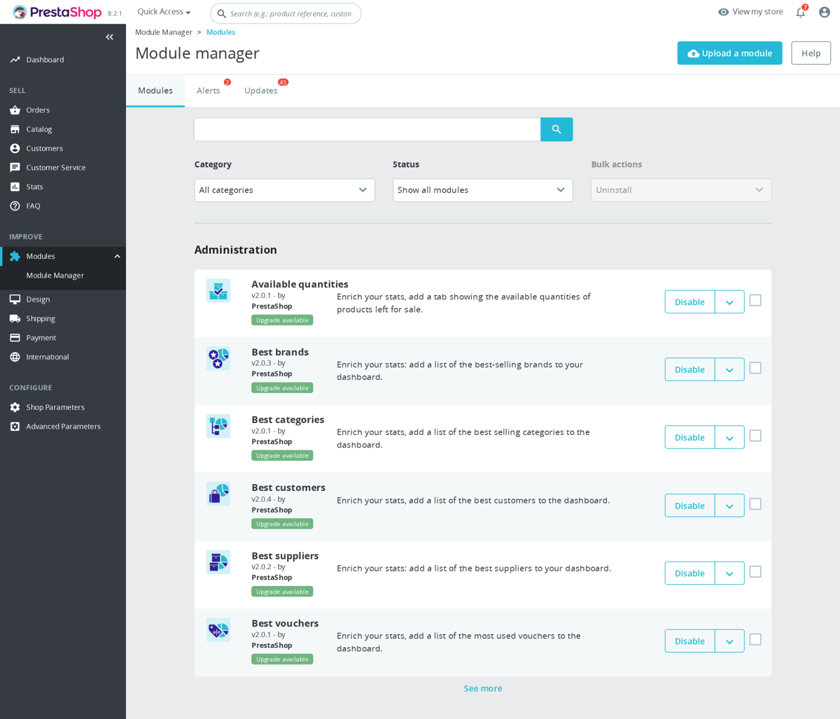 Back-office PrestaShop, Modules > Module Manager, liste des modules désactivés avec fil d’Ariane visible.