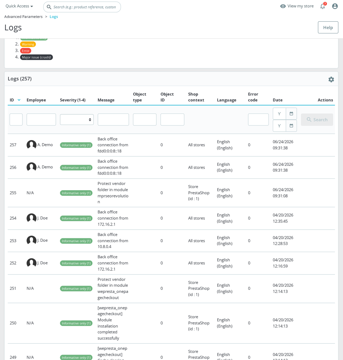 Advanced Parameters > Logs list of back office events