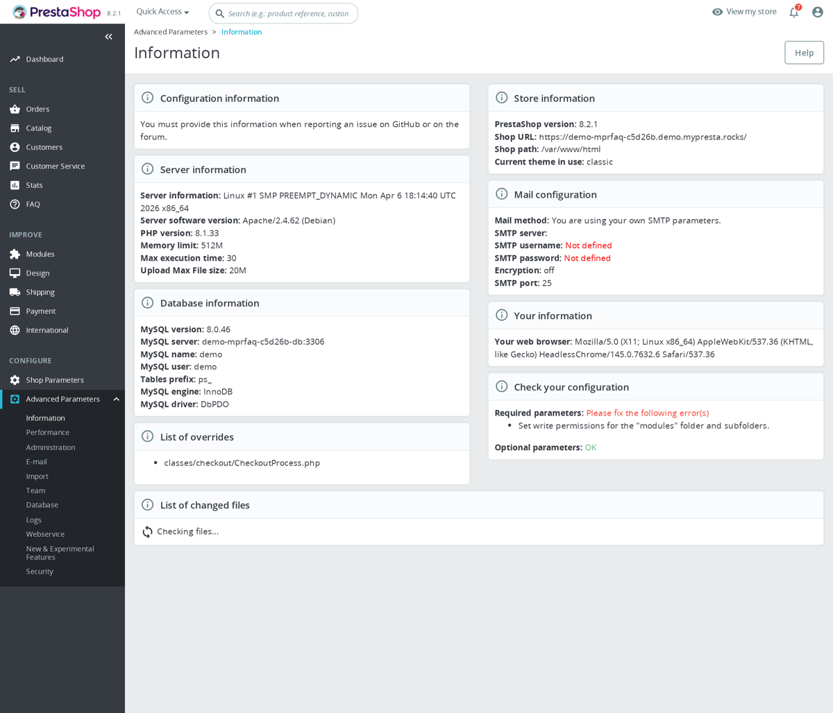 Advanced Parameters > Information showing PHP limits and server settings