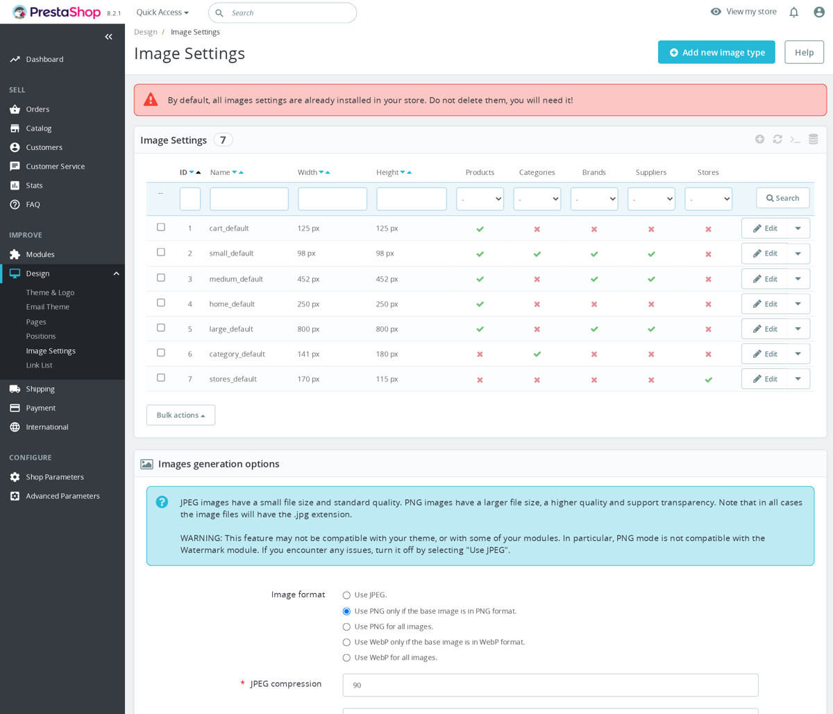 PrestaShop back office, Design > Image Settings, image regeneration tools screen.