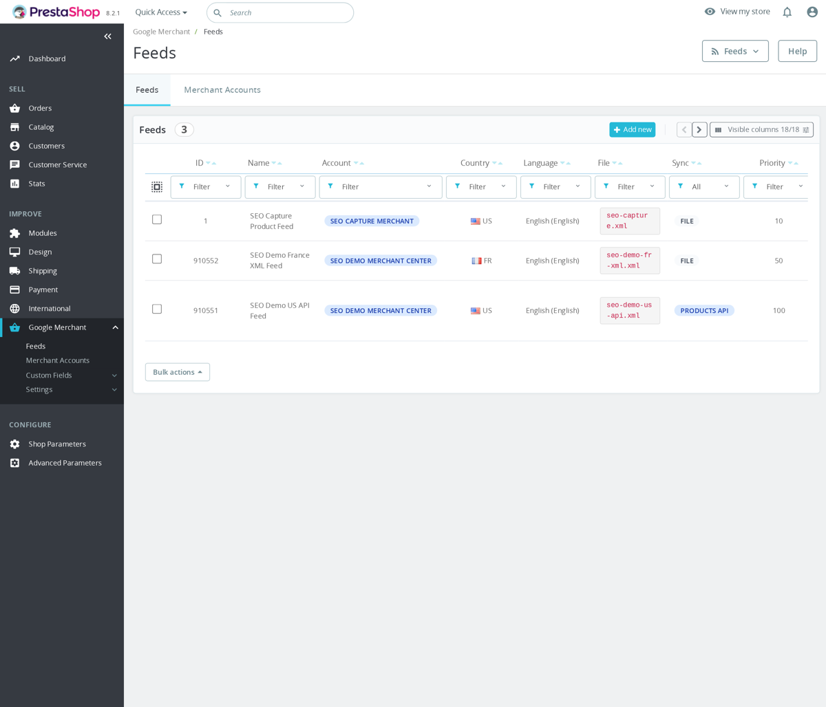 PrestaShop back office, Product Feeds module configuration page with feed channels visible.