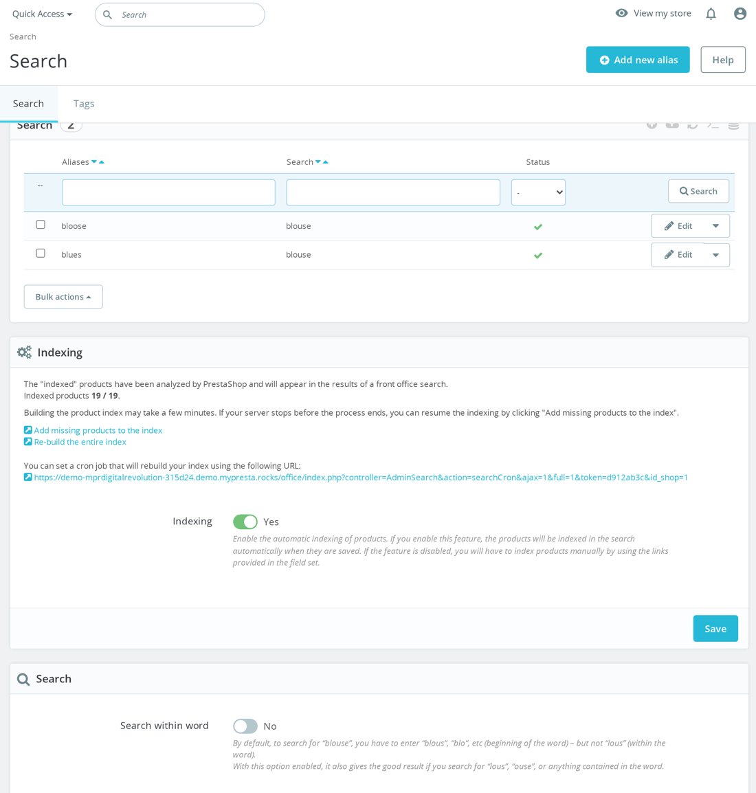 Shop Parameters > Search avec configuration de l’indexation et des alias