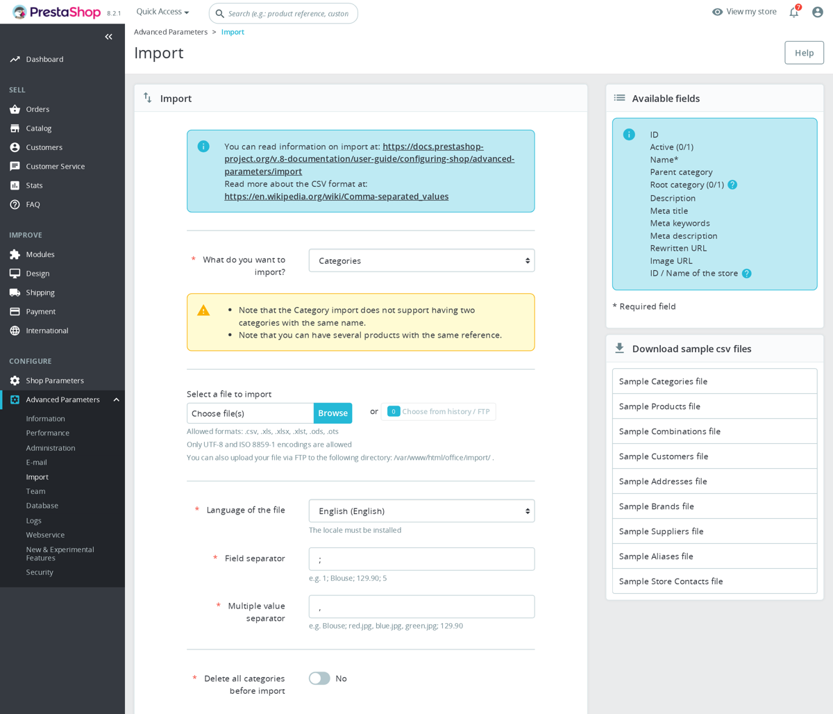 PrestaShop back office, Advanced Parameters > Import, CSV import screen with breadcrumb.