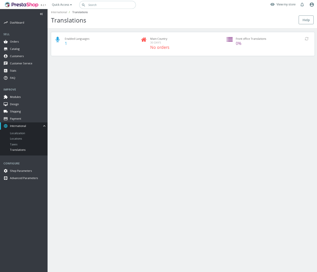 PrestaShop back office, International > Translations, translation management screen.