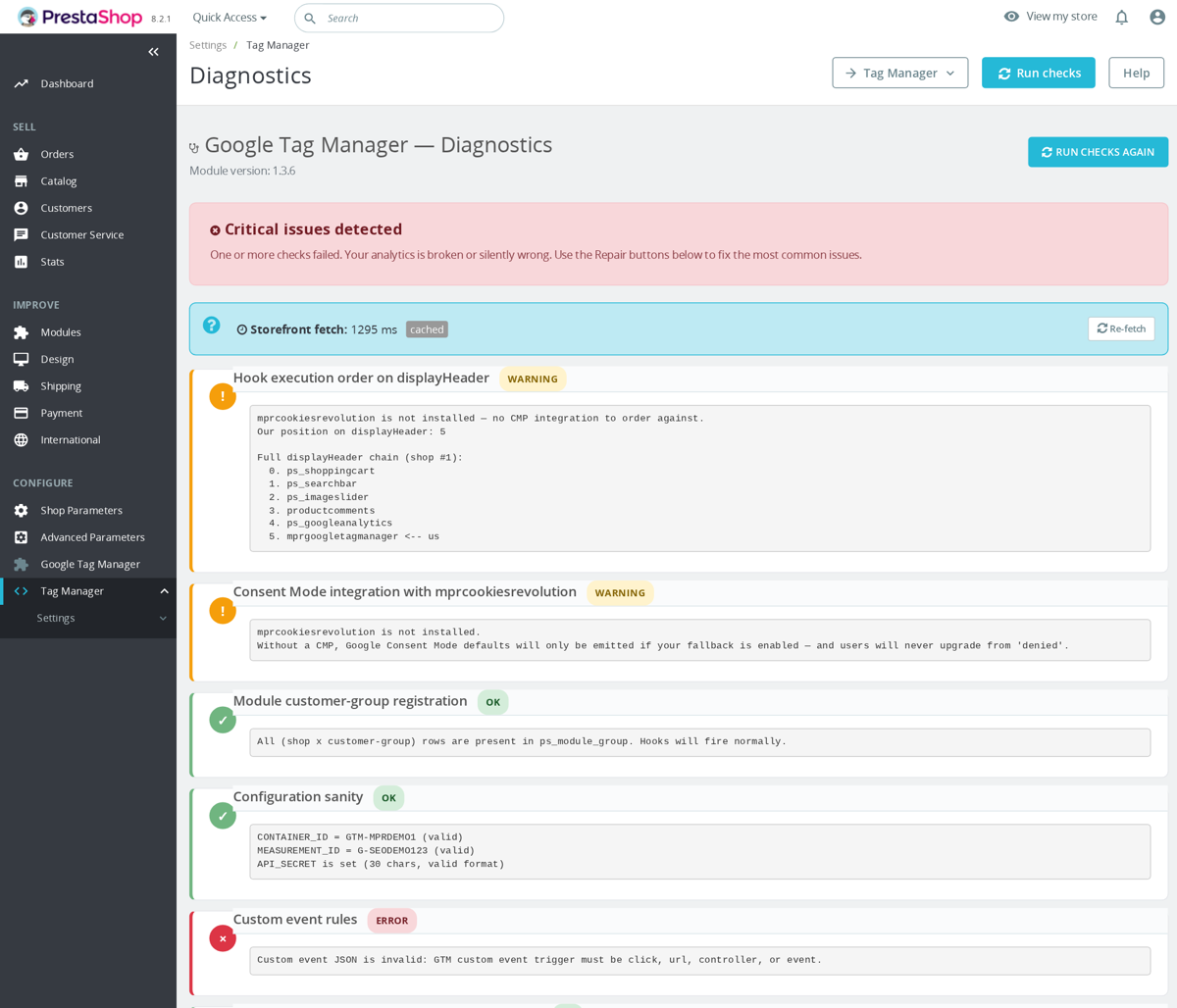 PrestaShop back office, Google Tag Manager module configuration page showing dataLayer settings.