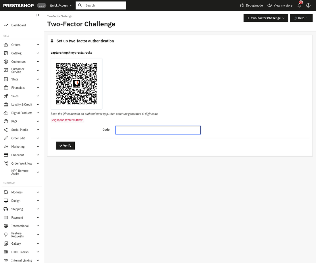 TOTP two-factor setup screen with a self-hosted QR code