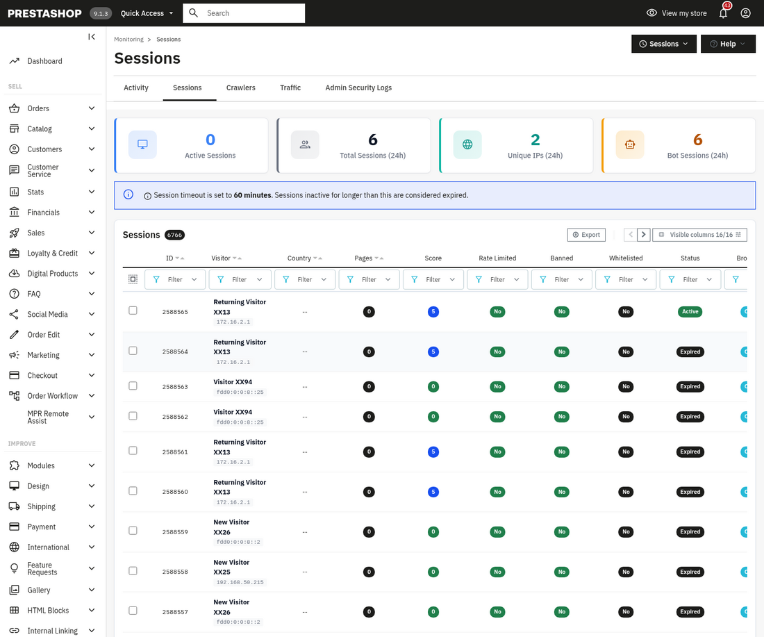 Back-office session management: active admin sessions with terminate controls
