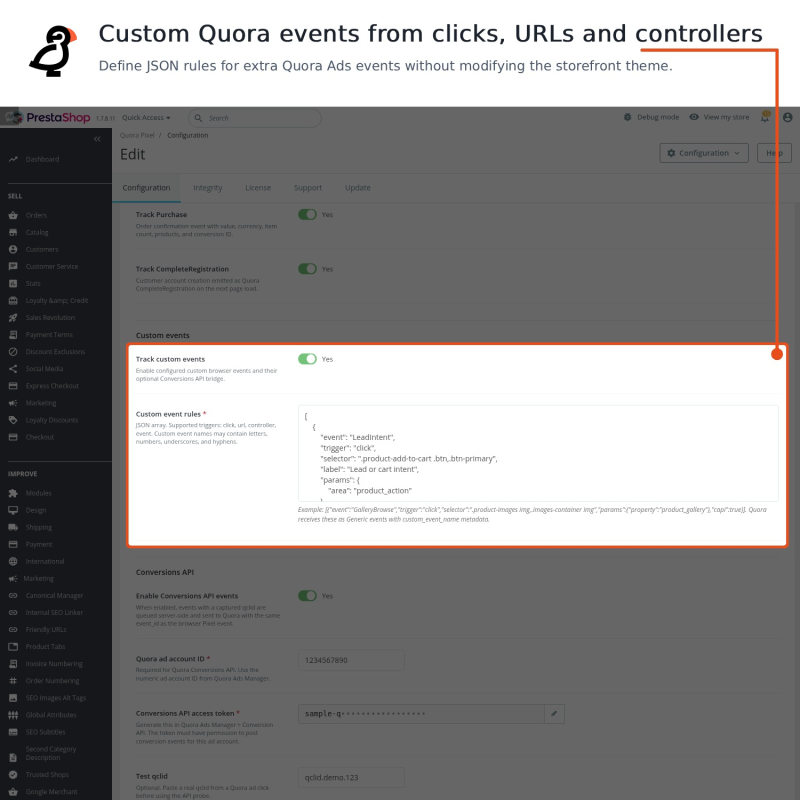 Custom Quora events triggered from clicks, URLs and controllers