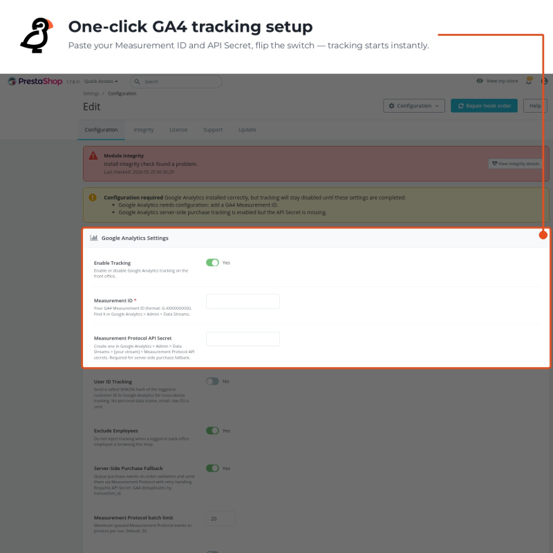 Écran de configuration en un clic pour le suivi GA4