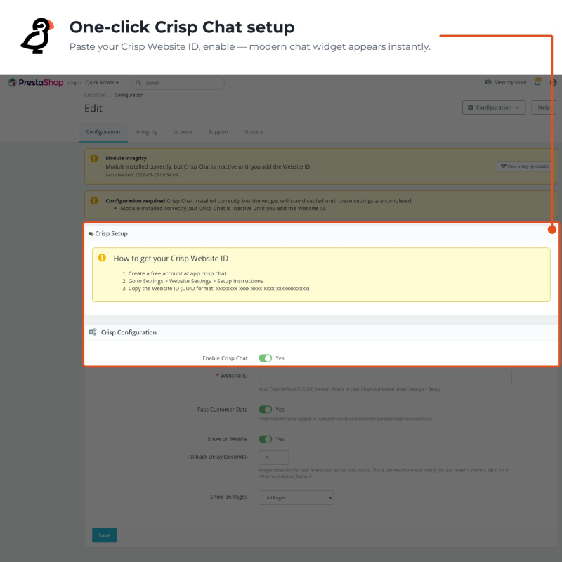 One-click setup for adding Crisp Chat to the store