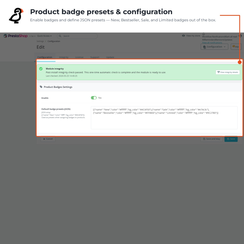 Impostazioni dei badge prodotto con i preset JSON per etichette New, Sale, Bestseller e Limited