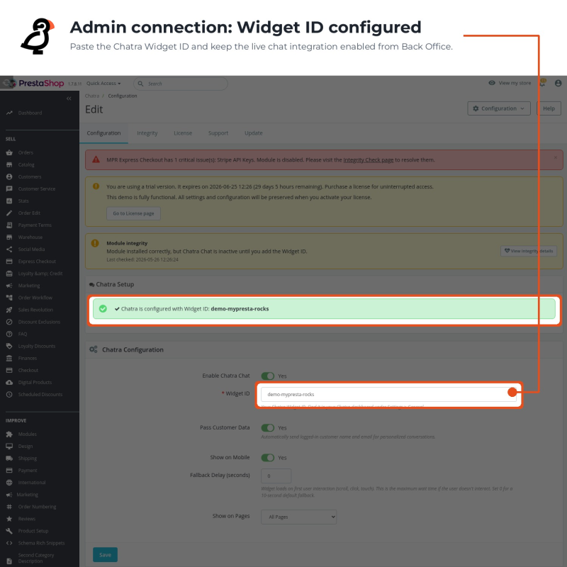 Admin connection screen with the Widget ID configured