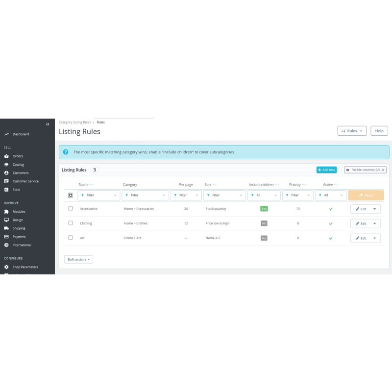 Per-category products-per-page and sort rules table in the PrestaShop back office