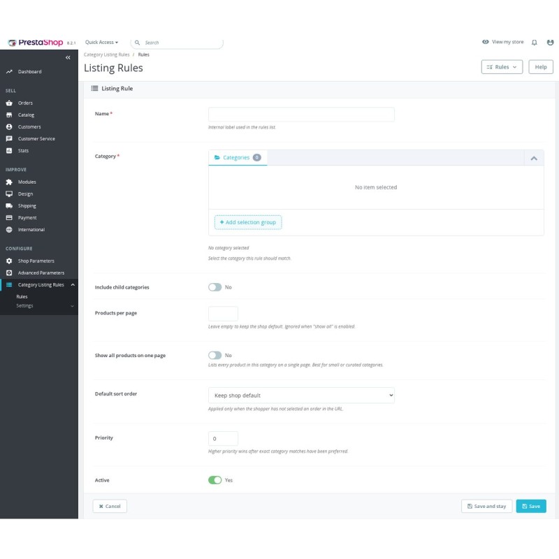 Listing rule form with category picker, inherit-to-subcategories switch and default sort order