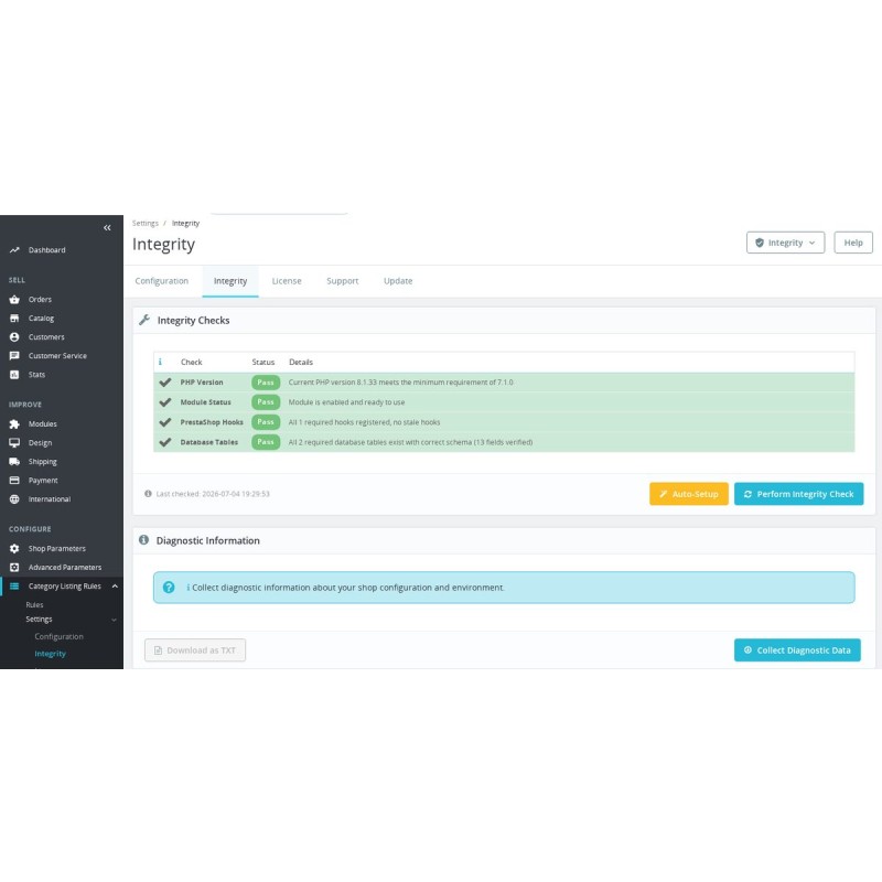 Category Listing Rules integrity check panel showing all checks passing