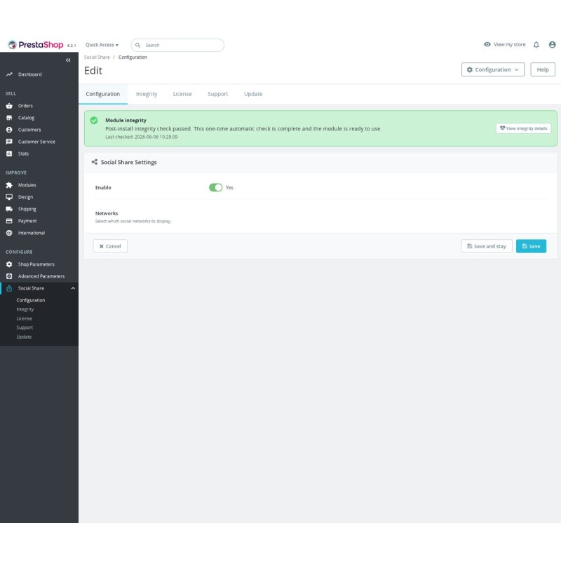 PrestaShop Social Share Buttons - Netzwerkoptionen im Back Office
