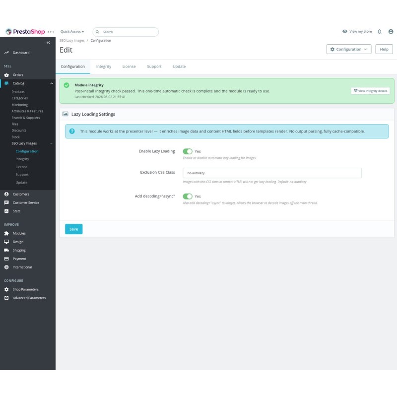 Impostazioni back-office: attiva lazy loading, decoding asincrono e classe CSS di esclusione