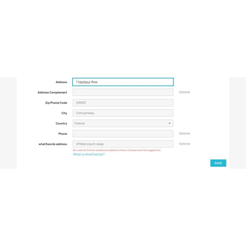 The what3words field flagging words that do not exist in the address country